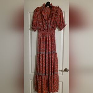 MAX STUDIO Ruffle Collar Print Tiered Maxi Dress, Size S